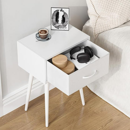 Small White Nightstands Set of 2, Bedside Table with Fabric Drawer, Modern End Table with Metal Leg, Couch Side Table for Bedroom Living Room, Sofa, Office LNT504W
