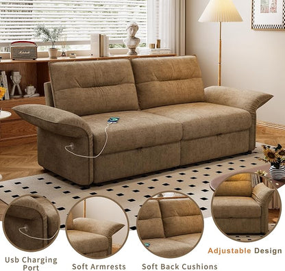 85'' Sofa Bed Full, Assembly, 3 in 1 Sleeper Sofa Beds, Flannel Pull Out Couch for Living Room, Charging & Adjustable Armrest, Comfy Loveseat for Small Space, Flannel Brown