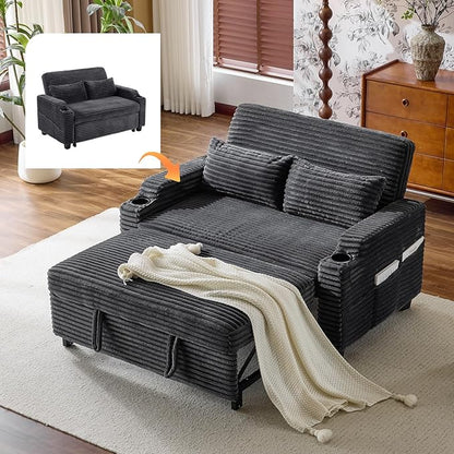 VINGLI Dark Gray Futon Sofa Bed Convertible Loveseat Sleeper Sofa Couch, Corduroy Pullout Sofa Fold Out Couch Bed with USB Ports, Cup Holders, Armrest for Living Room, Bedroom Apartment Room
