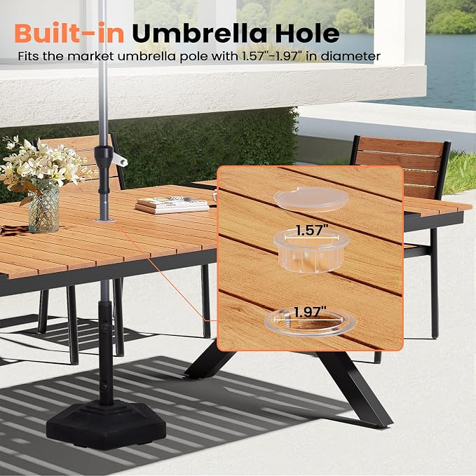 Pellebant Aluminum 13-Piece Outdoor Dining Table Set for 8-12 Person | Patio Stackable Chair with U-Shaped Wicker Backrest, 118" Table with Wood-Grain Top & Umbrella Hole, Aluminum Frame Furniture