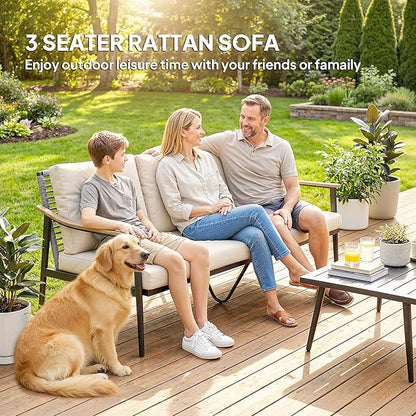 Outsunny Outdoor Patio Couch, 3 Seater Outdoor Sofa with Wood-Effect Armrests and Wicker Backrest, Outdoor Patio Furniture Couch with Cushions, Steel Frame for Porch, Garden, Backyard, Khaki