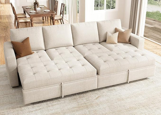 HONBAY Modular Sectional Sleeper Sofa with Pull Out Bed, Linen Convertible Sectional Couches for Living Room,Beige