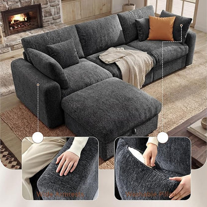 Ihanherry Cloud Sectional Couches for Living Room, 110" Large Modular Sectional Sofa with Wide Deep Seat, L Shaped Couch with Throw Pillow and Storage Ottoman, Dark Grey