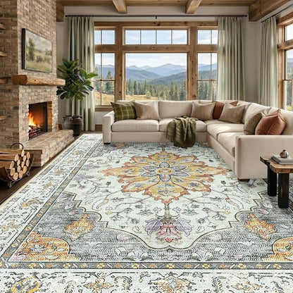RELEANY Area Rugs Large 9'x12' Washable Non-Slip, Floral Vintage Distress Medallion Carpet for Living Room Bedroom Dining Room, Beige Carbon Grey Orange