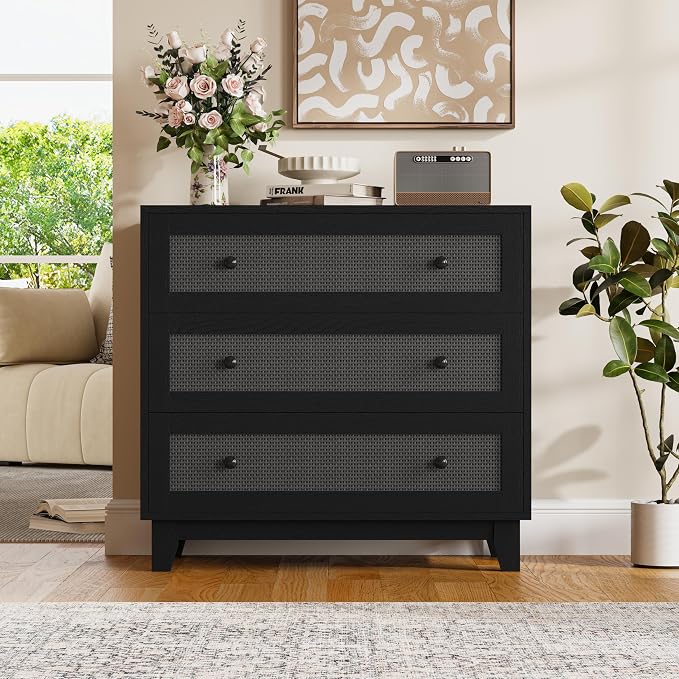 Rattan 3 Drawer Dresser for Bedroom, Small Boho Black Dresser with Wood Handles, Wood Nightstand, 29.52" Wide Modern Dresser, Chests of Drawers for Living Room, Entryway, Hallway