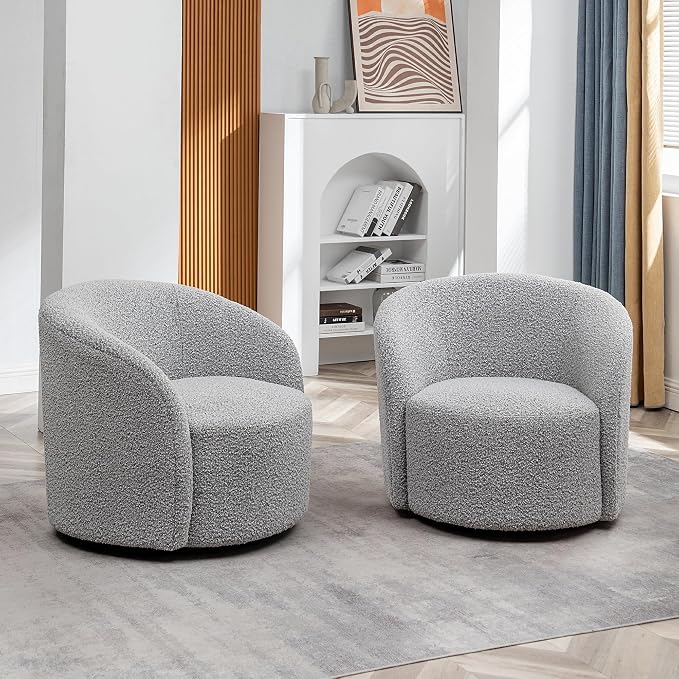 KINWELL 68" Boucle Upholstered Loveseat Sofa with Set of 2 Swivel Barrel Accent Chairs, Minimalist Comfy 2-Seater Couch and 2 Sherpa Armchairs for Small Spaces Apartment, Black White