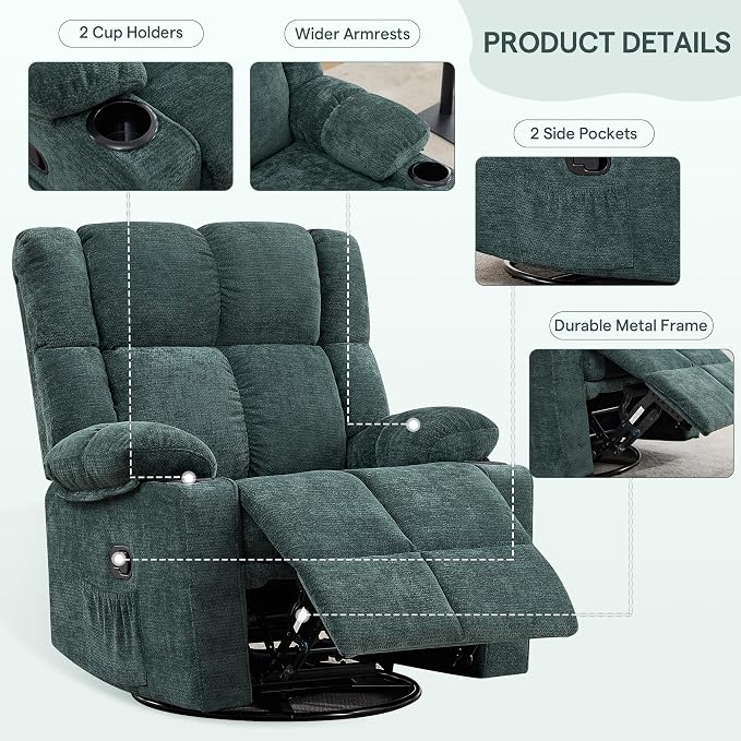 Swivel Rocker Recliner,Rocking Reclining Chair with Adjustable Headrest for Adults,Upholstered Fabric Swivel Recliner Chair for Bedroom,Living Room,Green