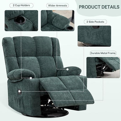 Swivel Rocker Recliner,Rocking Reclining Chair with Adjustable Headrest for Adults,Upholstered Fabric Swivel Recliner Chair for Bedroom,Living Room,Green