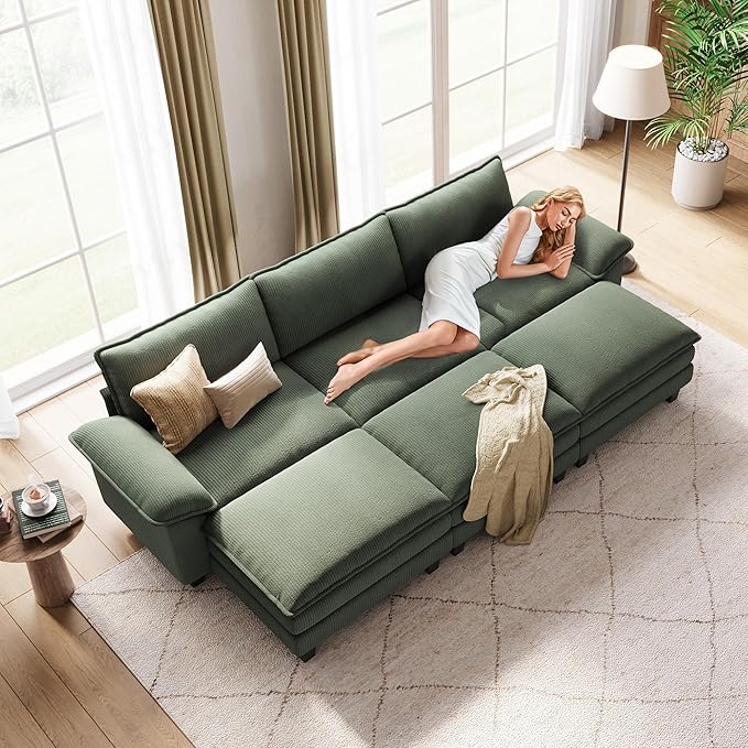 LINSY HOME 123'' Modular Sectional Sofa 3 Seat Couch Corduroy Cloud Couch with Deep Seat, Modern Cloud Couch with 3 Movable Ottoman for Living Room, Office, Bedroom, Green