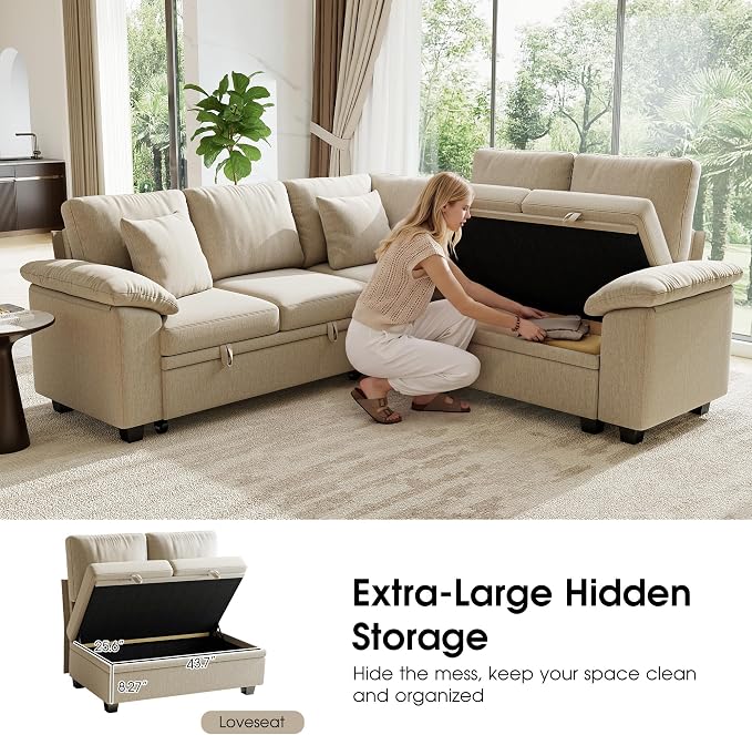 86" Modular Sectional Sleeper Sofa with Pull Out Bed, L Shaped 5 Seat Couch with 151L Storage, Convertible Cloud Couch Bed, Sectional Couches for Living Room, Apartment (Sand)