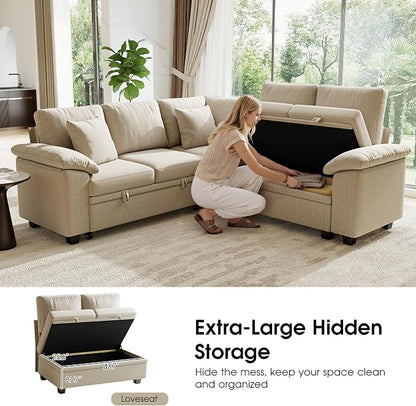 86" Modular Sectional Sleeper Sofa with Pull Out Bed, L Shaped 5 Seat Couch with 151L Storage, Convertible Cloud Couch Bed, Sectional Couches for Living Room, Apartment (Sand)