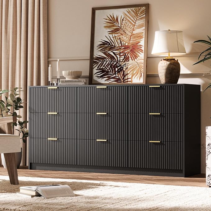 MAISONARIA 3-Piece Dresser Bedroom Set, 9 Drawer Dresser & 3 Drawer Nightstands with Gold Handles, Fluted Wood Chest of Drawers for Bedroom, Living Room, Entryway, Black