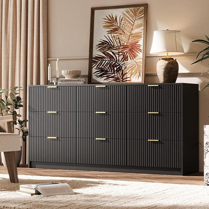 MAISONARIA 3-Piece Dresser Bedroom Set, 9 Drawer Dresser & 3 Drawer Nightstands with Gold Handles, Fluted Wood Chest of Drawers for Bedroom, Living Room, Entryway, Black