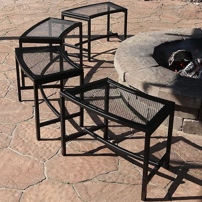 Sunnydaze Mesh Outdoor Curved Bench - Metal Patio Bench Set - Heavy-Duty Outdoor Seats for Backyard or Fire Pit - Black - Set of 4