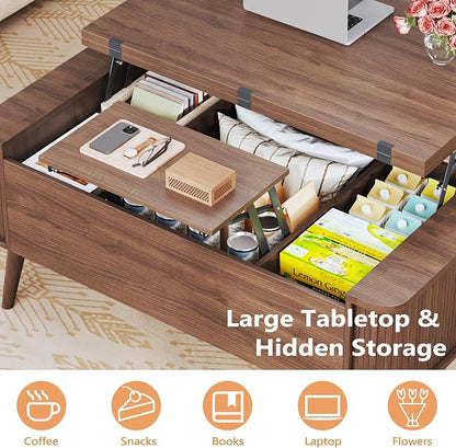 HUAHUU Lift Top Coffee Table with Storage, 40" Square Coffee Table with 3 Hidden Compartments, Modern Center Table with Lifting top, Converts to Dining Table for Living Room, Home Office, Walnut