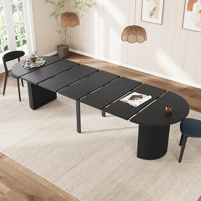 weselon 42"-120" Extendable Dining Table for 4-14, Expandable Oval Dining Room Table with Fluted Pedestal Base & Reinforced Metal Support Leg, Extra Large Modern Kitchen Table (Black)