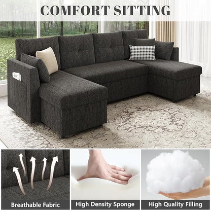 Huatean Home Oversized Sleeper Sofa Couch, 110 inch 2 in 1 Pullout Couch Bed with Side Pockets for Living Room, Sectional Sleeper Sofa Bed with Double Storage Chaise, Black