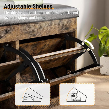40" Shoe Storage Bench with 2 Flip Drawers & Padded Seat Cushion, Shoe Cabinet with Lift Top Storage Box, Shoe Bench Shoe Organizer for Entryway, Hallway, Living Room, Vintage Brown