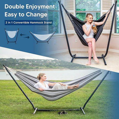 SUNCREAT 2-in-1 Convertible Backyard Fabric Hammock with Stand, Large Hammocks for Outside, Light Gray & Dark Gray