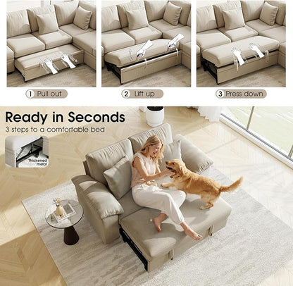 WorthFurni 61” Pull Out Couch, 2 in 1 Sleeper Sofa Bed with Throw Pillow, Convertible Small Loveseat Sleeper Couch for Living Room, Bedroom, Apartment (Sand)