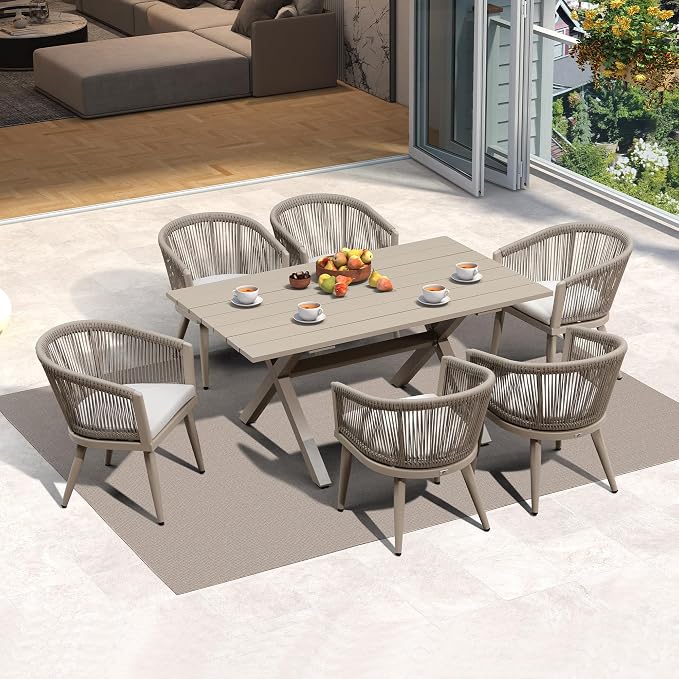 PURPLE LEAF Outdoor Dining Set with Waterproof Furniture Cover 7-Piece All-Weather Patio Set for 6 with Champagne Aluminum Table Rope Weave Chairs and Cushions, Champagne