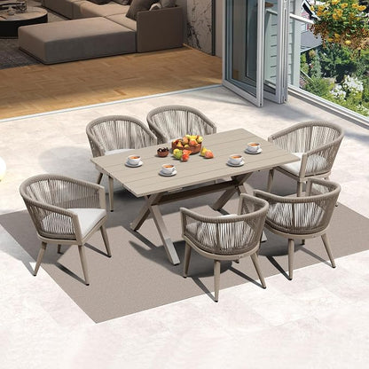 PURPLE LEAF Outdoor Dining Set with Waterproof Furniture Cover 7-Piece All-Weather Patio Set for 6 with Champagne Aluminum Table Rope Weave Chairs and Cushions, Champagne