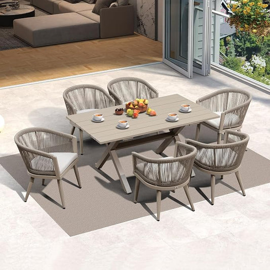 PURPLE LEAF Outdoor Dining Set with Waterproof Furniture Cover 7-Piece All-Weather Patio Set for 6 with Champagne Aluminum Table Rope Weave Chairs and Cushions, Champagne