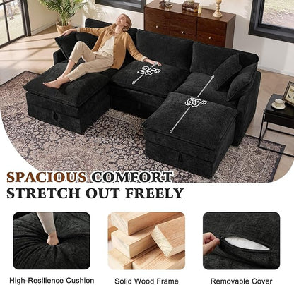 Ihanherry 103” Modular Sectional Sofa with Storage, U Shaped Cloud Couch with Movable Ottomans & 4 Pillows, Chenille Deep Seat Sectional Couches for Living Room, Apartment (Black)