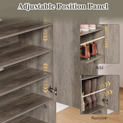 Shoe Cabinet Storage for Entryway with Doors, 5 Tier Fluted Shoe Organizer with Adjustable Shelves, Entryway Shoe Storage with Wooden Legs, Freestanding Hidden Shoe Rack for Front Door Entrance, Grey