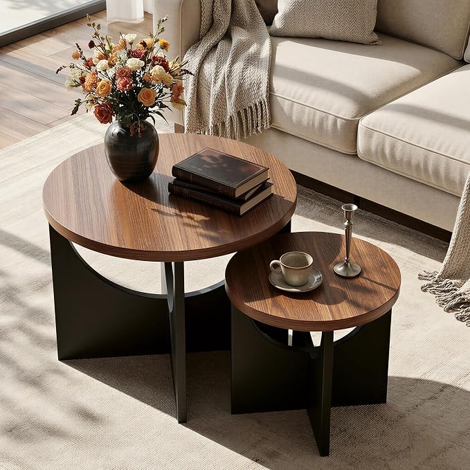 LIKIMIO Nesting Coffee Tables Set of 2, 23.6" Small Round Side Tables for Living Room, Wooden End Table, Walnut