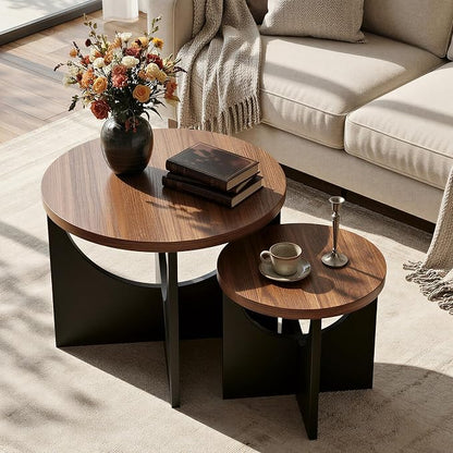LIKIMIO Nesting Coffee Tables Set of 2, 23.6" Small Round Side Tables for Living Room, Wooden End Table, Walnut