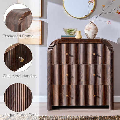 T4TREAM Fluted Dresser with 3 Drawers, 32" Tall Modern Chest of Drawers with Thickened Curved Profile Design, Wood Closet Clothes Storage Organizer for Bedroom, Living Room, Hallway, Dark Walnut