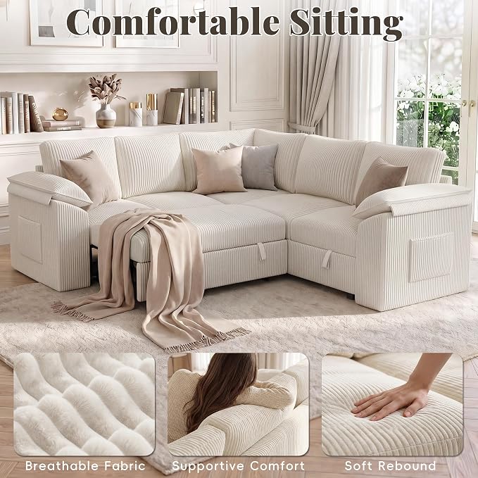 85 Inch Modular Sectional Sofa with Pull Out Couch Bed, L Shaped 5 Seat Sectional Couch with Storage, Corduroy Sectional Couches for Living Room, Cloud Modular Couch, Removable Sofa Cover, Beige