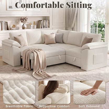85 Inch Modular Sectional Sofa with Pull Out Couch Bed, L Shaped 5 Seat Sectional Couch with Storage, Corduroy Sectional Couches for Living Room, Cloud Modular Couch, Removable Sofa Cover, Beige