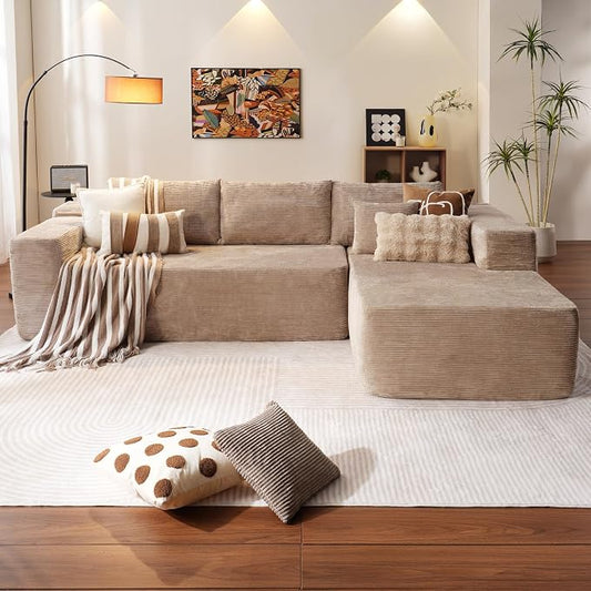 ovios 104" Cloud Boneless Couch with L-Shape Chaise,Modern Sectional Modular Sofa with Deep Seat, Upholstered Couches for Living Room Bedroom,No Assembly Required, Camel (Corduroy Fabric)