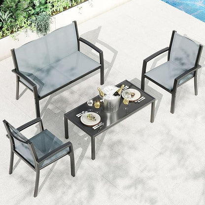 Garvee 4 Piece Patio Bistro Furniture Set, Outdoor Conversation Set with 3 Chairs, Loveseat & Glass Coffee Table, All-Weather Textilene Fabric & Steel Frame for Backyard, Poolside, Porch, Lawn - Grey