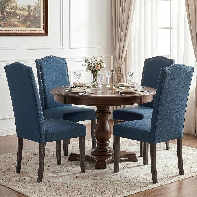 LSSBOUGHT Upholstered Dining Chairs Set of 4 Dining Room Chairs Kitchen Chairs with Solid Wood Frame and Nailhead Trim, Blue