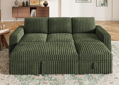 HONBAY Modular Sectional Sofa with Pull Out Bed,Corduroy L Shaped Sleeper Sofa with Storage, Sectional Couches for Living Room,Green