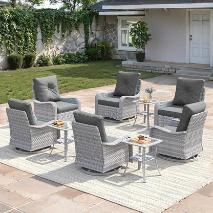 9-Piece Patio Furniture Set, Outdoor Swivel Rocking Chairs with 4" Thick Cushions & Side Table, All-Weather PE Rattan & Rust-Resistant Steel Frame Conversation Set for Porch, Garden, Charcoal Gray