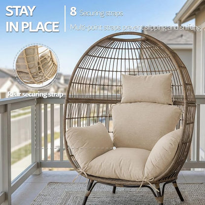 Egg Chair Cushion with 8 Securing Straps, Water-Repellent & Fade-Resistant Faux Linen, Removable Cover, Replacement Cushion for Most Single Outdoor Hanging Swing Egg Chairs – Beige