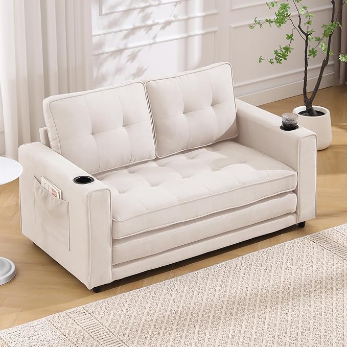 ERYE Foldable Loveseat Sofa Convertible Pull Out Sleeper Sofabed,2 Seat Tufted Upholstered Sofa Modern Convertible Sleeper Couch Bed with Cupholders and Side Pockets