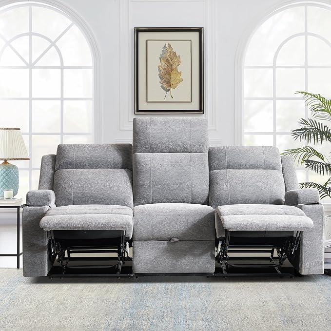 GUEAPY Large Manual Reclining Sofa – 3-Seater Chenille Reclining Couch with Cup Holders, Wide Seat, Easy Assembly & Spill-Resistant Fabric – Cozy Reclining Sofa for Living Room, Apartment, RV