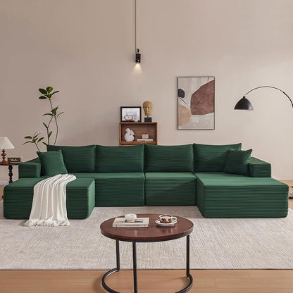 Mangodan 140” Cloud Sectional Couch, Boneless Sofa for Living Room, Modular Sectional Sofa with Deep Seat, Comfy Fluffy U-Shaped Couch with Right-Facing Chaise, No Assembly Required, Green