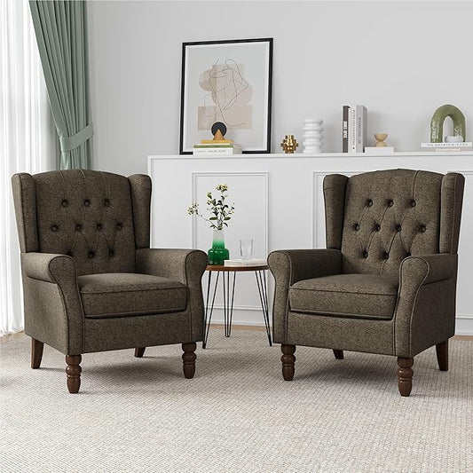 High Back Accent Chairs Set of 2, High Wingback Chair for Living Room, Button-Tufted Upholstered Fabric Armchair with Solid Wood Legs, Comfy Single Sofa Reading Chair for Bedroom, Taupe