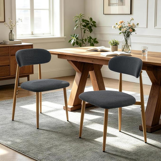 FREKEN Modern Upholstered Dining Chairs Set of 2, Mid-Century Metal Frame with Wood Grain, Linen Fabric Side Chair for Kitchen Dining Room, 350lbs Capacity, Black