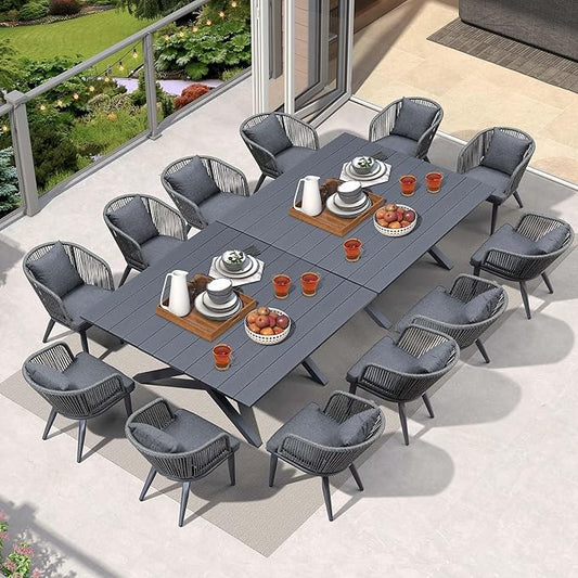 PURPLE LEAF 14 Pieces Patio Dining Set Wicker Outdoor Furniture Oversize Rectangular Table and Chairs Set for Garden Deck Aluminum Frame Backyard Kitchen Set, Cushions and Pillows Included Grey