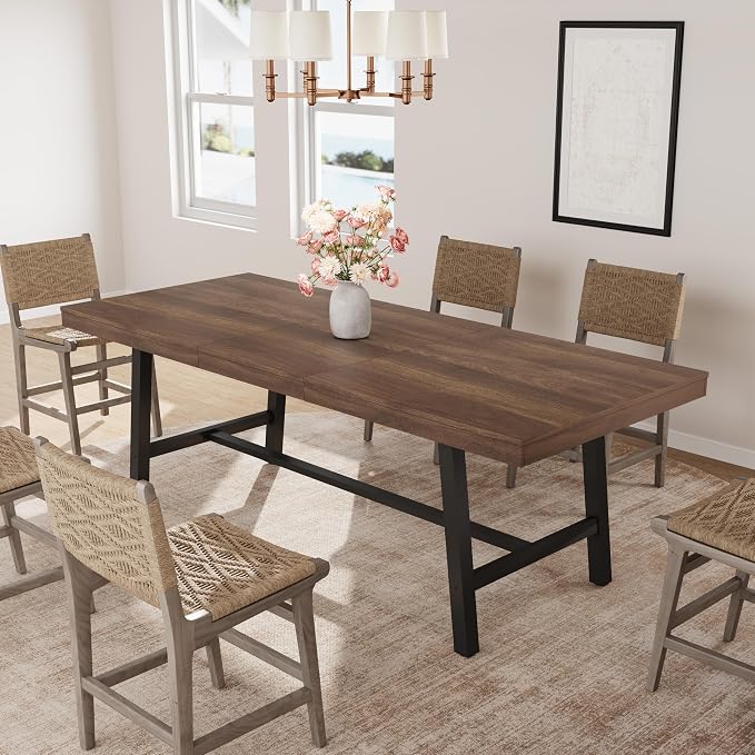 GarveeHome 63-83" Extendable Dining Table, Industrial Rectangular Dining Room Table for 6-8 People, Expandable Kitchen Table with Heavy Duty Metal Frame for Dining Room, Kitchen & Parties, Brown