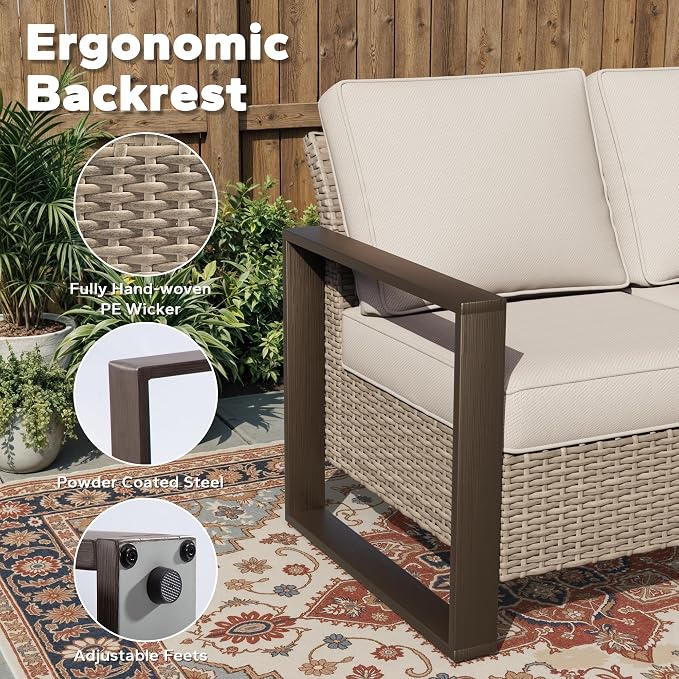 Joyside Outdoor Patio Sofa, 4 Pieces Wicker Rattan Furniture Set, 1 Patio Couch and 2 Ottoman, Metal Wide Armrest, Thick Cushions and Deep Seating for Garden, Backyard, Porch, Deck
