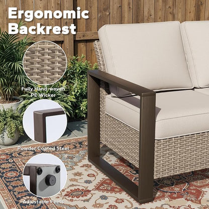 Joyside Outdoor Patio Sofa, 4 Pieces Wicker Rattan Furniture Set, 1 Patio Couch and 2 Ottoman, Metal Wide Armrest, Thick Cushions and Deep Seating for Garden, Backyard, Porch, Deck