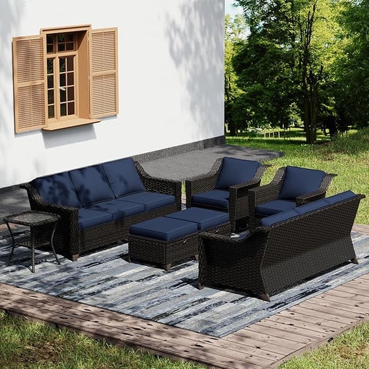 Joyside Wicker Patio Furniture Sets, 7 Pieces Upgraded Large Size Outdoor Furniture with Swivel Rocking Patio Chairs, Two 3-Seat Sofa, Outdoor Ottoman, Thick Cushions, Wide Armrest, Blue